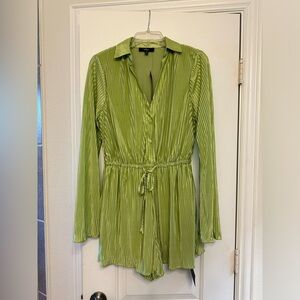 Suited for Style Chartreuse Satin Plisse Long Sleeve Romper. Lulus Size M
